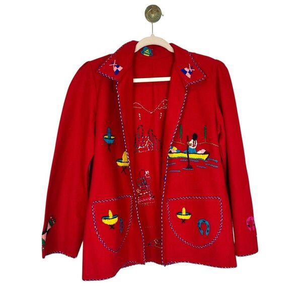 Vintage Handmade Tourist Jacket Womens Medium Red Embroidered Mexican Folk Art - Picture 3 of 13